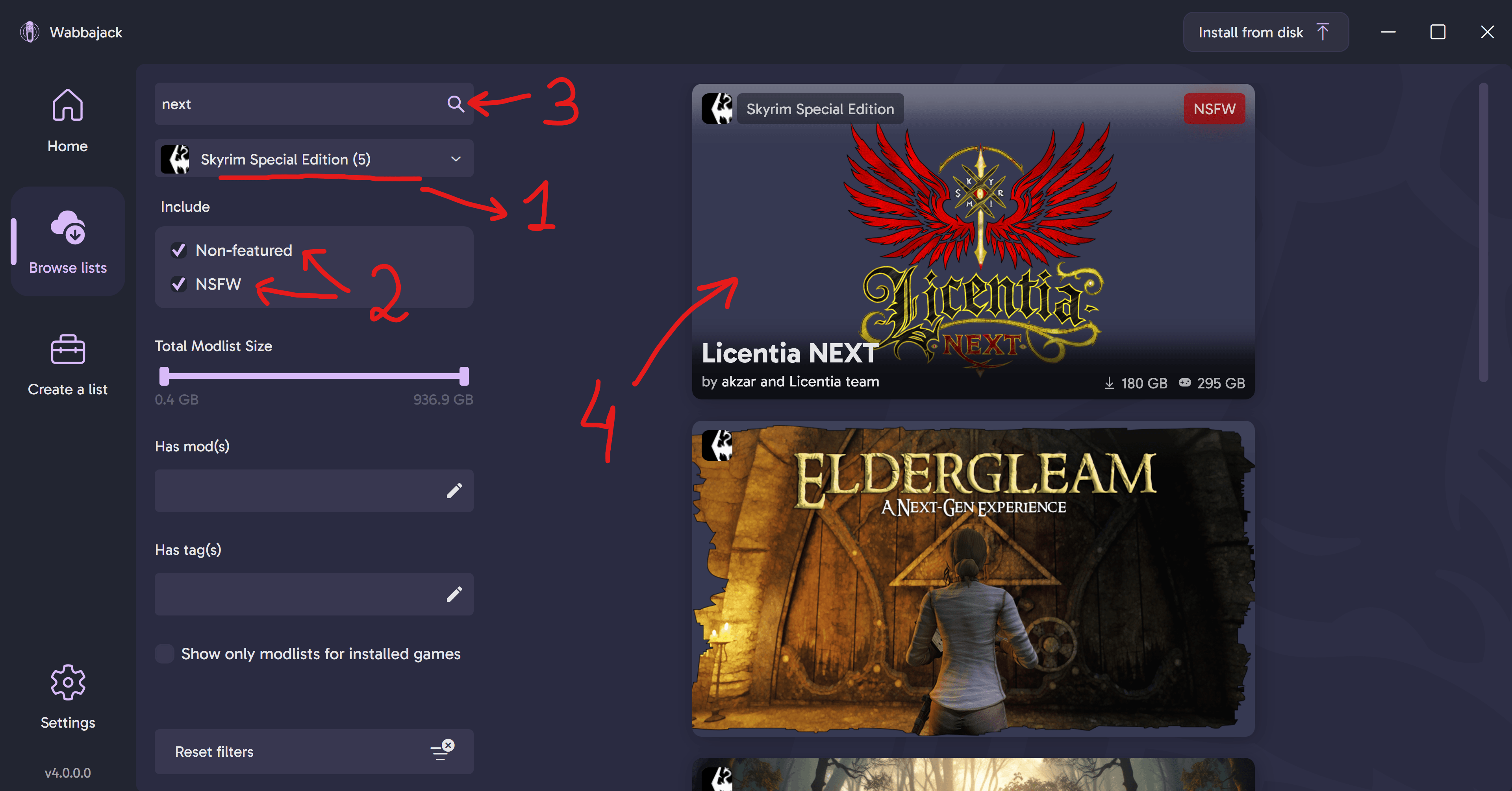 Wabbajack filters set for Skyrim SE and Licentia NEXT search result