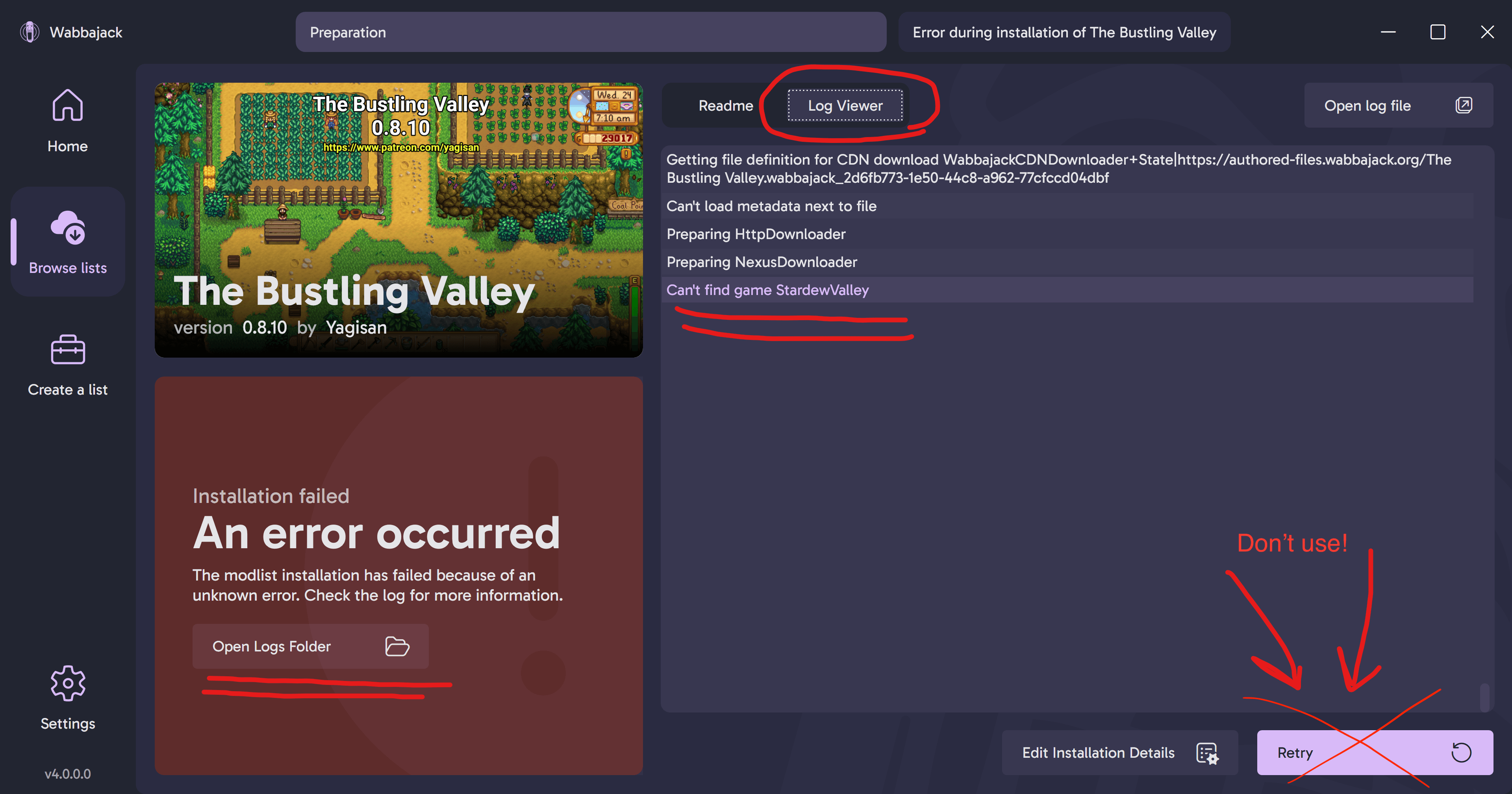 Example Wabbajack installation error with log viewer panel